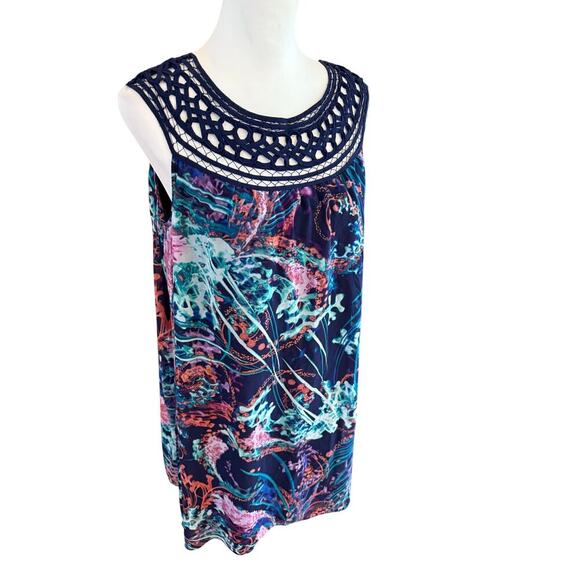 SOMA sheer sleeveless layered dress abstract design with knit neck womens large - Picture 2 of 5